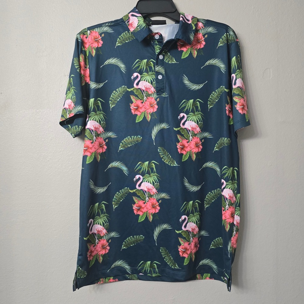Yatta Golf Mens Flamingo Hibiscus Tropical Performance Polo Shirt Navy Blue M